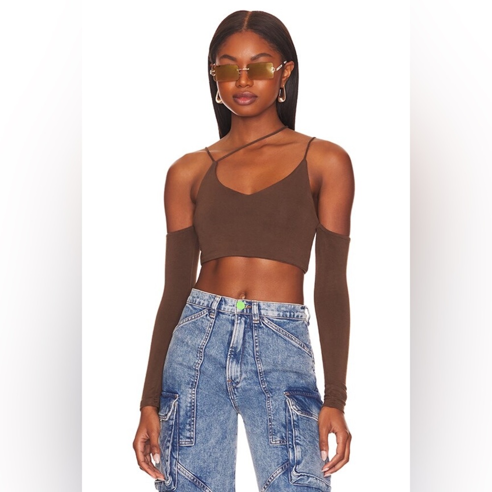 superdown Chocolate Brown Crop Top Medium Asymmetrical Long Sleeve Cut Out Y2K